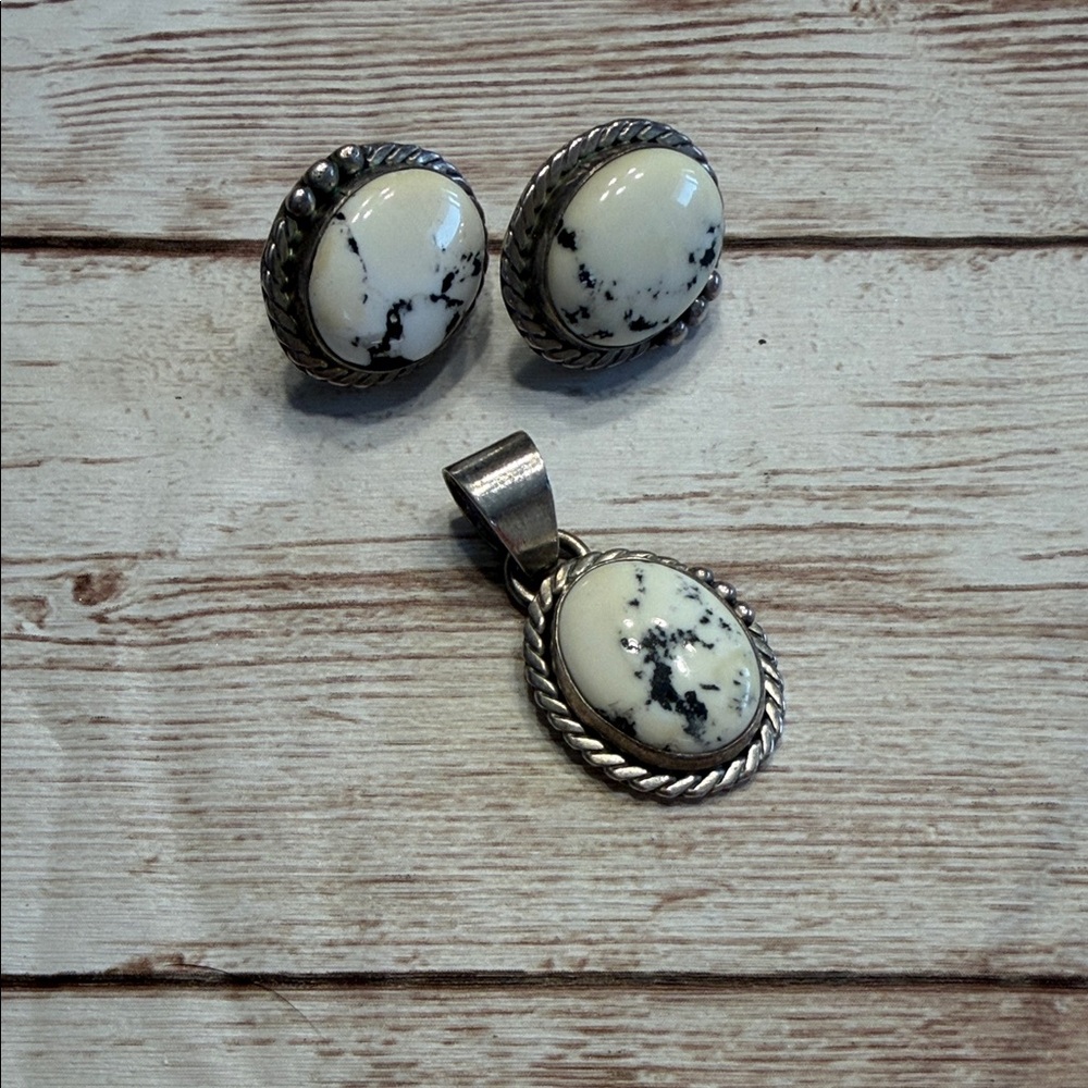 White Buffalo Sterling Silver Earrings & Necklace Charm Set